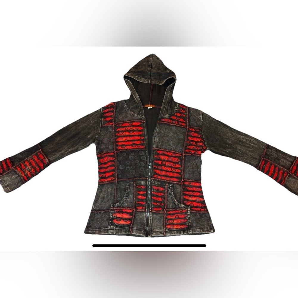 Windhorse Boho Hippie Patchwork Red & Black Hoodie Sz Large- Handmade in Nepal